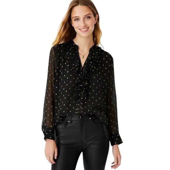 Ann Taylor Black Shimmer Clip Dot Ruffle Blouse size Small - Picture 1 of 9